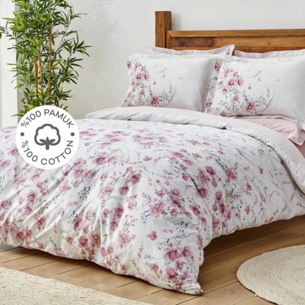 Coffret housse de couette , 4 pcs , 2 pers, Karaca home Dalila rose et blanc