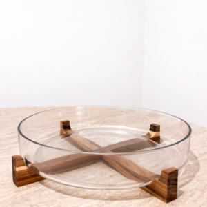 Plat en verre rond - Sina avec support en bois d’acacia, 1 pcs